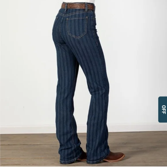 Dark Blue Striped Denim High Rise Bootcut Jeans - Picture 2 of 13